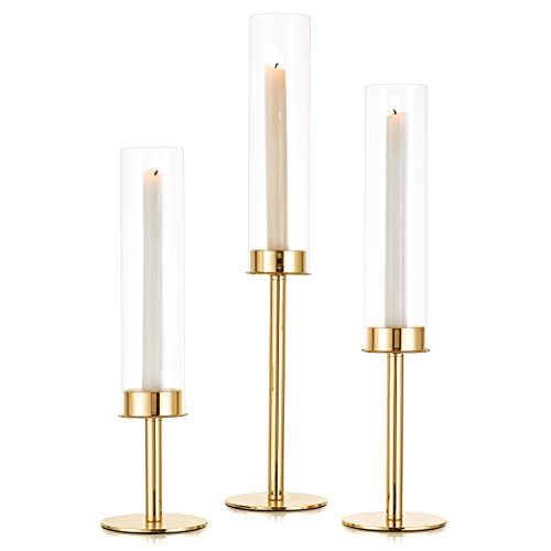 Sziqiqi Kerzenständer Gold Metall für Hochzeit 48/42/36cm - Kerzenhalter Dekorative Stabkerzenhalter mit Windlicht Glas Kerzenleuchter für Stabkerzen für Wohnzimmer Deko Modern von Sziqiqi