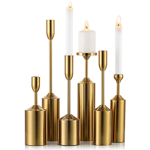 Sziqiqi Kerzenständer Kerzenhalter Kerzenleuchter 6er Set in Unterschiedlicher Größe, Hoch Metall Deko Kerzenleuchter, Vintage Kerzen Ständer Tischdeko für Hochzeit Party Haupttisch Dekoration, Gold von Sziqiqi