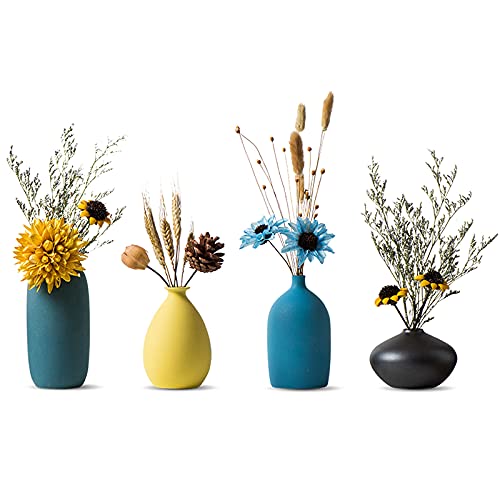 Sziqiqi Kleine Keramikvasen für Blumen Dekoratives Vasen-Set für Wohnzimmer Mini Handgemachte Matte Vasen für Tischdekoration Moderne Marine Grün Gelb Himmelblau Schwarz Farbe Vasen Set von 4 von Sziqiqi