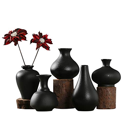 Sziqiqi Kleine Schwarze Keramik Vasen 5er-Set, Mini Handmade Keramikvasen für Blumen Pampasgras Moderne Blumenvase Deko für Wohnzimmer Küche Büro Küche und Tisch von Sziqiqi