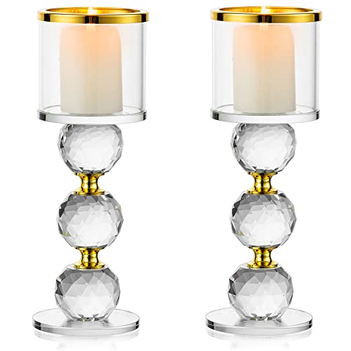 Sziqiqi Kristall Kerzenständer Set, 2 Stück Kerzenhalter Stumpenkerzen Glas, Modern Kerzenhalter Stabkerze Teelichthalter für Hochzeit Esstisch Badezimmer Tischdeko Geburtstag Party Deko, Gold von Sziqiqi