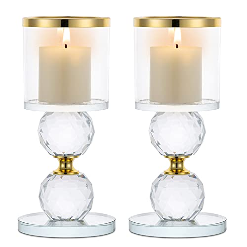 Sziqiqi Kristall Kerzenständer Set, 2 Stück Kerzenhalter Stumpenkerzen Glas, Modern Kerzenhalter Stabkerze Teelichthalter für Hochzeit Esstisch Badezimmer Tischdeko Geburtstag Party Deko, Gold von Sziqiqi