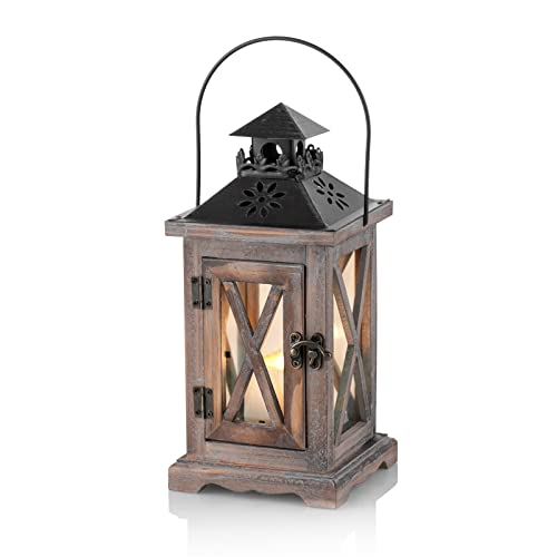 Sziqiqi Laterne Kerzenhalter Vintage Windlicht Laterne Holz Metall Dekorative Windlichthalter für Draußen Rustikale Hochzeit Herzstück Hängende Laterne Bauernhaus Innen Außenlaterne Dekor 28cm von Sziqiqi