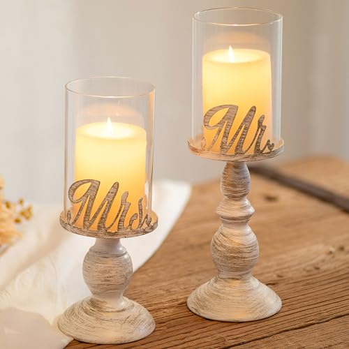 Sziqiqi Mr Mrs Kerzenständer Kerzenhalter für Stumpenkerzen für Hochzeit Mittelstück - Vintage Windlichter aus Glas Disstressed Metall Kerzenleuchter Stabkerzen Geschenke für Paare Verlobung Dekor von Sziqiqi