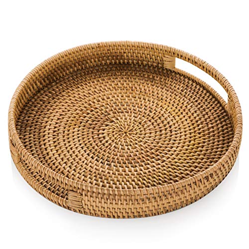 Sziqiqi Rattan Serviertablett mit Griffen 30cm Handgewebtes Wicker-Tablett Rattan-Tablett Rustikales dekoratives Tablett für Frühstück, Getränke, Snacks, Brot für die Couchtisch-Bar Dinnerpartys von Sziqiqi