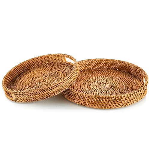 Sziqiqi Rattan Serviertablett mit Griffen 30cm und 35cm Handgewebtes Wicker-Tablett Rattan-Tablett Rustikales dekoratives Tablett für Frühstück Getränke Snacks Brot für die Couchtisch-Bar Partys von Sziqiqi