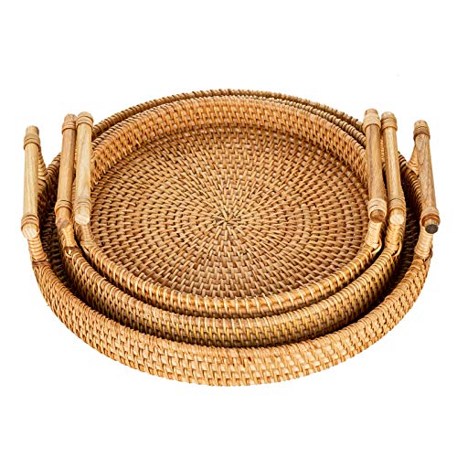 Sziqiqi Rattan Serviertablett mit Griffen 3er-Set Handgewebtes Wicker-Tablett Rattan-Tablett Rustikales dekoratives Tablett für Frühstück, Getränke, Snacks, Brot für die Couchtisch-Bar Dinnerpartys von Sziqiqi