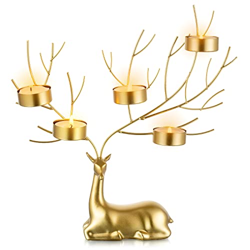 Sziqiqi Rentier Tier Teelicht Kerzenhalter, Metall Hirsch 5 Kerze Teelichthalter für Weihnachten Tisch Centerpiece Gold Dekorative Hirsch Geschenk für Wohnzimmer Kamin Mantel Tisch Ornament von Sziqiqi