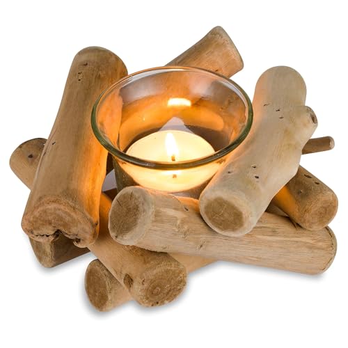 Sziqiqi Rustikale Kerzenständer Teelichthalter Holz, Kerzenhalter Vintage mit Glas Tasse Windlicht Treibholz Deko Kerzenleuchter für Wohnzimmer Hochzeit Esstisch Tischdeko von Sziqiqi