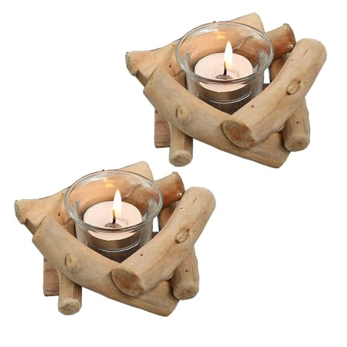 Sziqiqi Rustikale Kerzenständer Teelichthalter Holz 2er Set, Kerzenhalter Vintage mit Glas Tasse Windlicht Treibholz Deko Kerzenleuchter für Wohnzimmer Hochzeit Esstisch Tischdeko von Sziqiqi