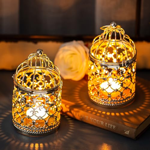 Sziqiqi Ramadan Laterne Silber - Vogelkäfig Kerzenständer Kleine Metall Teelichthalter Hängende Kerzenhalter für Ramadan Deko, 2 Stück von Sziqiqi