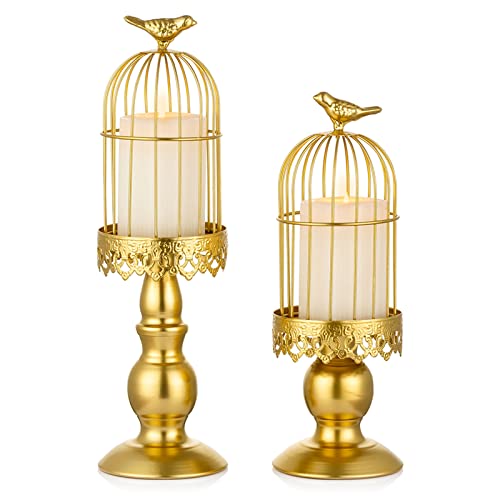 Sziqiqi Vintage Vogelkäfig Kerzenleuchter, Dekoration Kerzenhalter für Hochzeit und Esstisch, Kerzenständer aus Eisen mit Schnitzfiguren, Gold von Sziqiqi