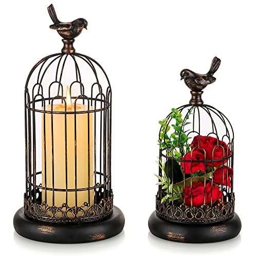 Sziqiqi Vogelkäfig Kerzenhalter Deko Shabby Chic, 27cm/37cm Drahtkäfig Laterne Kerzenhalter Set Von 2, Schwarz Metal Kerzenständer Stumpenkerzen für Bauernhaus Esstisch Kamin Mantel Wohnzimmer Dekor von Sziqiqi