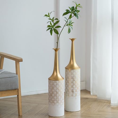 Sziqiqi Weiß Hoch Boden Vase Set - 66/60cm Extra Gross Bodenvase Große Vintage Blumenvase für Pampas Gras Federn Zweige Metall Schmale Hals Vasen für Wohnzimmer Schlafzimmer Tischdekoration von Sziqiqi