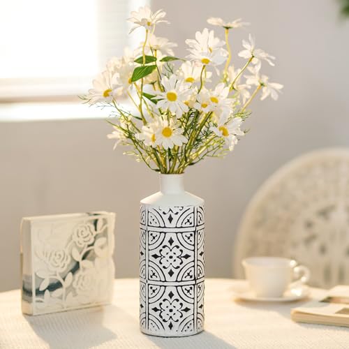 Sziqiqi Weiße Vase für Blumen - 25,3cm Hoch Moderne Metall Vase mit Schwarzem Blumenmuster Dekorative Zylinder Vasen für Tischdeko Große Boho Blumenvase für Pampasgras Trockenblumen Zweige von Sziqiqi