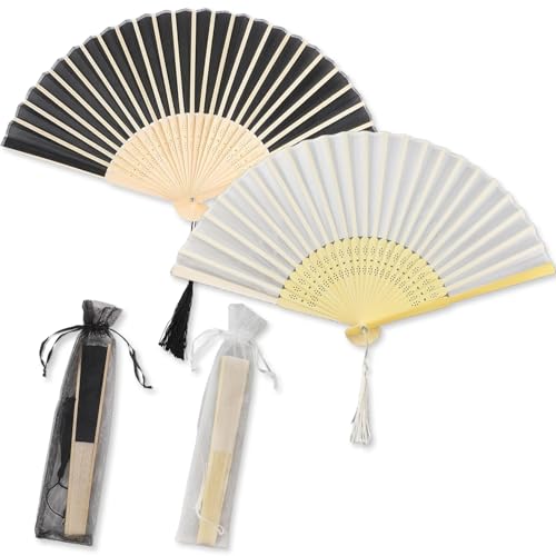 21CM Handfächer Faltfächer Schwarz Weiß aus Bambus & Polyester - 2er Set Elegante Handfächer für Hochzeiten,Mit Organzabeutel,Tanz, Party, Geschäftsgeschenk und Wanddekoration von Sztqqing