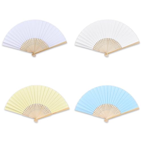 4er Set Handfächer Kinder zum Bemalen - Weiß, Beige, Hellblau, Hellgelb - DIY Papierfächer Bambus Faltfächer für Hochzeitsdeko, Kindergeburtstag, Party, Wanddekoration von Sztqqing