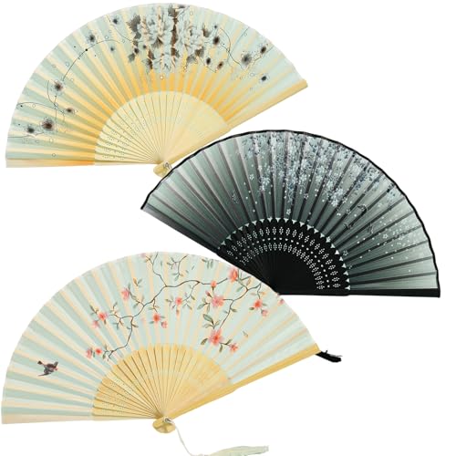 Handfächer Fächer Holz Bambus - NewChinese Elegant Charm Folding Fan, Mini Handgefertigt für Hochzeit Geburtstag Party Sommer, Chinesische Eleganz mit Quaste (3 Stück) von Sztqqing