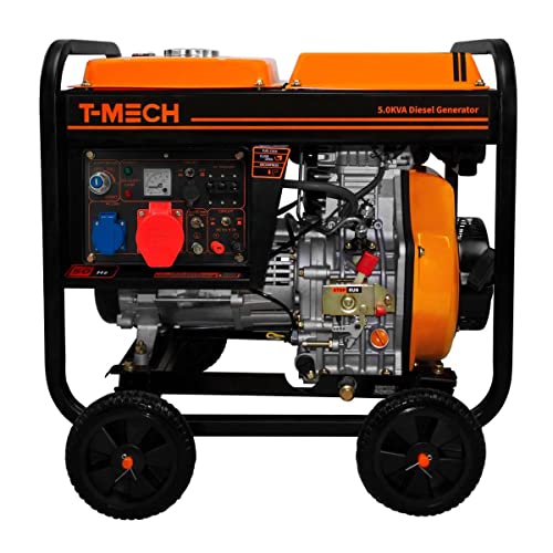 5kVA Diesel Stromerzeuger Offen Generator Stromaggregat Notstromaggregat 10PS 230 / 400V 6.3kW Dreiphasig E-Start WS GS Ausgang Pulverbeschichtet 12,5L Kraftstoff Kap. 77dB 4 Räder Werkzeug & Trichter von T-Mech