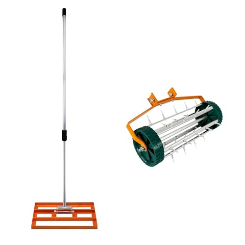 Belüfter und rollender Rasennivellierer 3.8cm Spitzen 50cm x 32cm Orangefarbener Nivellierrechen, abnehmbarer, ausziehbarer Doppelzweck-Griff Belüfter und rollender Rasennivellierer 3.8cm Spitzen 50cm x 32cm Orangefarbener Nivellierrechen, abnehmbarer, ausziehbarer Doppelzweck-Griff von T-Mech