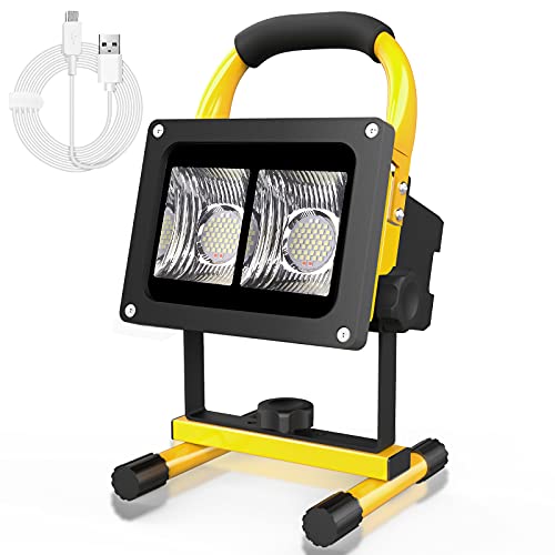 40W LED Baustrahler Akku, T-SUN 92 LED Tragbares Flutlicht mit abnehmbarem Standfuß, IP65 Wasserdicht Scheinwerfer, 6000K Tageslichtweiß Strahler für Camping, Fischen, Forschungsreise, Autoreparatur von T-SUN