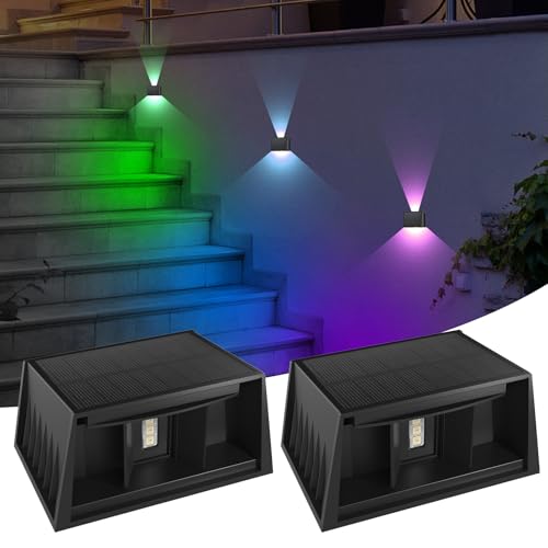T-SUN LED Solar Wandleuchte Aussen, Solar außenwandleuchten Einstellbare Up and Down Leuchten, 8 Farben RGB Wandlampe Außen Solarlampen IP65 Wasserdicht für Garten Balkon Hof Zaun Porch 2 Stück von T-SUN