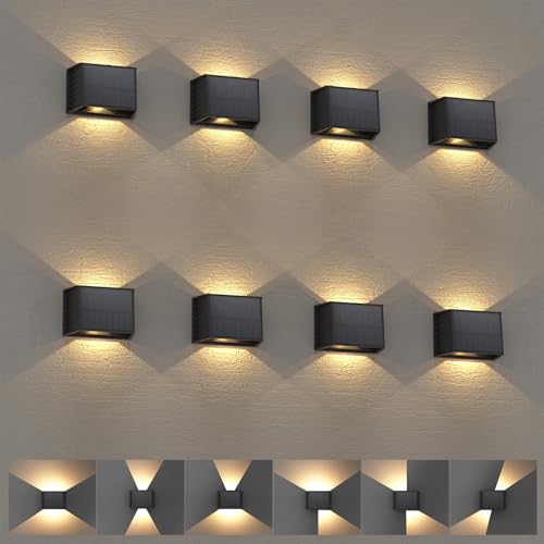 T-SUN LED Solarlampen für Außen, Solar Wandleuchte Aussen Einstellbare Up and Down Leuchten, 3000K Warmweiß Wandlampe Aussen, IP67 Wasserdicht für Garten Balkon Terrasse Hof Zaun Porch (8 Stücke) von T-SUN