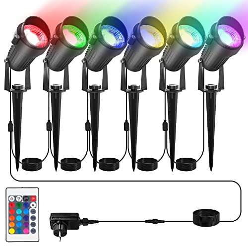 T-SUN RGB Gartenstrahler LED mit Fernbedienung, IP65 Wasserdicht Gartenlampen mit Strom, 12M RGB Farbwechsel Gartenleuchte mit Erdspieß für Garten, Weg, Hof, Rasen, Teich(6er-Set) von T-SUN