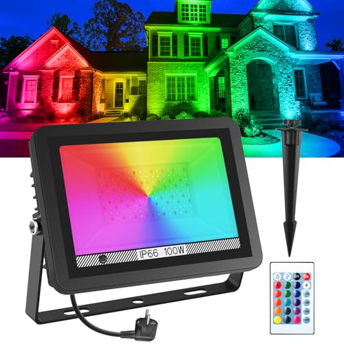 T-SUNUS RGB LED Strahler 100W, RGB LED Fluter RGB Strahler 100W Aussen IP65 Wasserdicht LED Farbe Strahler mit Farbwechsel Fernbedienung 16 Farben und 4 Modi für Party Außen von T-SUNUS