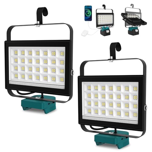 Akku Lampe für Makita 18V, T-SUNUS 100W Kabellose LED Arbeitsleuchte Akku Tragbar mit 2 Helligkeiten, LED Strahler Akku Baustrahler für Garagen, Camping, Notfall 2 Stück(ohne Akku) von T-SUNUS
