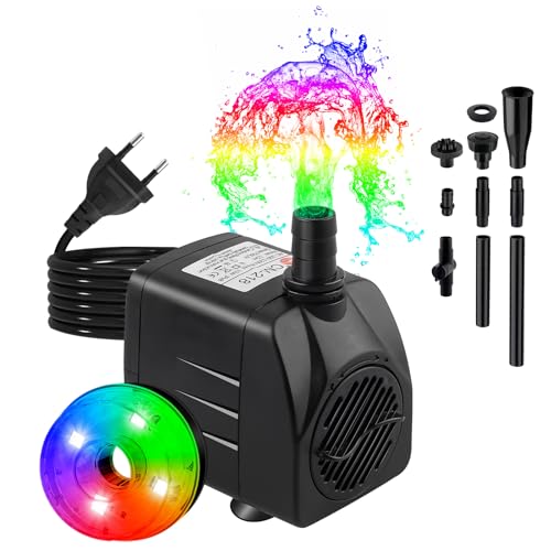 Brunnenpumpe 15W 800L/H, T-SUNUS Springbrunnen Pumpe für Außen, Teichpumpe mit LED Gartenbrunnen Pumpe Klein mit 1.5M Netzkabel 3 Düsen RGB für Aquarium, Teich, Brunnen, Hydrokultur, Garten von T-SUNUS