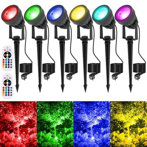 T-SUNUS Gartenbeleuchtung RGB mit Fernbedienung, Gartenstrahler LED RGB mit Erdspieß IP65 Wasserdicht, Gartenleuchte LED 16 Farben und 4 Modi für Außen Garten Rasen Weihnachten 6 Stück von T-SUNUS