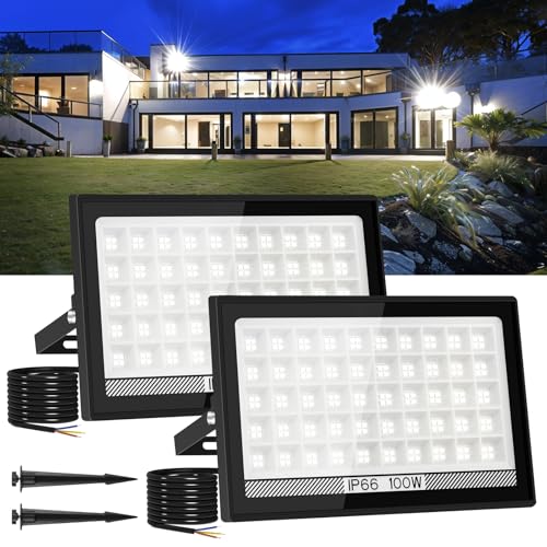 T-SUNUS LED Strahler Außen 100W, Superhell Fluter Außenstrahler Kaltweiß Scheinwerfer IP66 Wasserdicht 11000LM für Auffahrt Garage Flur Garten 2 Stück von T-SUNUS
