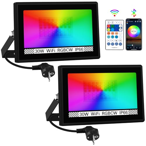 LED Strahler Aussen RGB, T-SUNUS 30W RGB Strahler Fluter Outdoor WiFi Bluetooth APP Steuerung, IP66 Wasserdicht Außenstrahler für Garten Party Disco von T-SUNUS