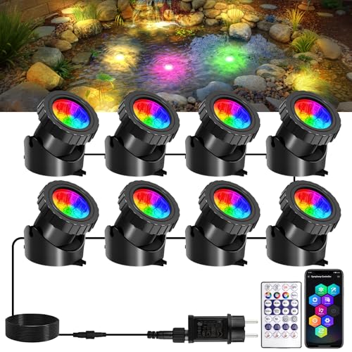 T-SUNUS Teichbeleuchtung LED Unterwasser, 8 in 1 Unterwasser Strahler RGB mit Bluetooth APP Fernbedienung Unterwasserbeleuchtung Teich RGB IP68 Wasserdicht Poolbeleuchtung für Garten Patio von T-SUNUS