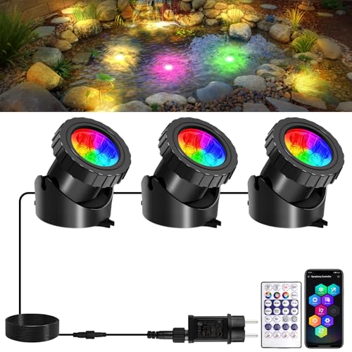 T-SUNUS Teichbeleuchtung Unterwasser RGB, Poolbeleuchtung Unterwasser mit APP Bluetooth IP68 Wasserdicht, LED Unterwasserscheinwerfer Teichbeleuchtung für Garten Patio Baum von T-SUNUS