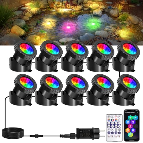 Teichbeleuchtung Unterwasser, T-SUNUS Poolbeleuchtung Unterwasser RGB mit Bluetooth APP Fernbedienung, IP68 Wasserdicht, Gartenbeleuchtung für Pool Patio Baum 10 in 1 von T-SUNUS