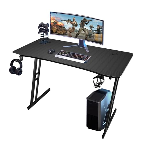 T-THREE. Gaming-Schreibtisch, 120 x 60 cm, großer Computertisch mit Metallrahmen und Kohlefaser-Finish, mit Getränkehalter und Kopfhörerhaken, PC-Gaming-Schreibtisch für Heimbüro, einfache Montage von T-THREE