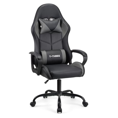 T-THREE.Ergonomischer Leder Gaming Stuhl Bürostuhl Drehstuhl Computerstuhl Rennstuhl Lederstuhl höhenverstellbar, mit Kopfstütze und Lendenwirbelstütze（Gray） von T-THREE
