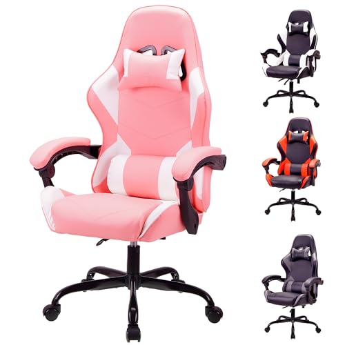 T-THREE.Ergonomischer Leder Gaming Stuhl Bürostuhl Drehstuhl Computerstuhl Rennstuhl Lederstuhl höhenverstellbar, mit Kopfstütze und Lendenwirbelstütze(Rosa) von T-THREE