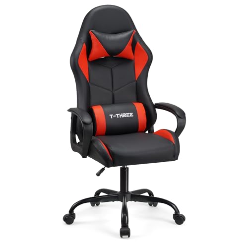 T-THREE.Ergonomischer Leder Gaming Stuhl Bürostuhl Drehstuhl Computerstuhl Rennstuhl Lederstuhl höhenverstellbar, mit Kopfstütze und Lendenwirbelstütze(Rot) von T-THREE