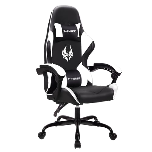 T-THREE.Ergonomischer Leder Gaming Stuhl Bürostuhl Drehstuhl Computerstuhl Rennstuhl Lederstuhl höhenverstellbar, mit Kopfstütze und Lendenwirbelstütze(Weiß) von T-THREE