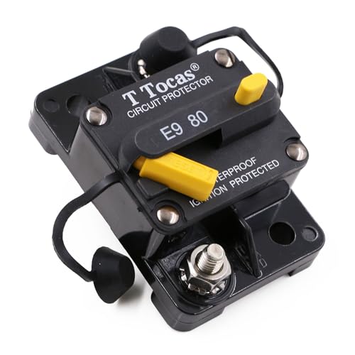 T Tocas 12V- 48V DC Schutzschalter mit Manuelles Reset Sicherungsautomat 80A für Solar/Kfz Audio/Wohnmobil/Marine/Boot-Trolling Motor, Heavy Duty 80 Amp Leistungsschalter, wasserdichte von T Tocas