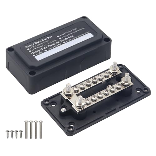 T Tocas 12V - 48V DC Sammelschiene 100A Busbar Box mit 12x M4 Schrauben und 4x M6-Anschlussbolzen, Heavy-duty Sammelschienen M6 Bus Bar Verteiler 100 Amp mit Deckel, Schwarz von T Tocas