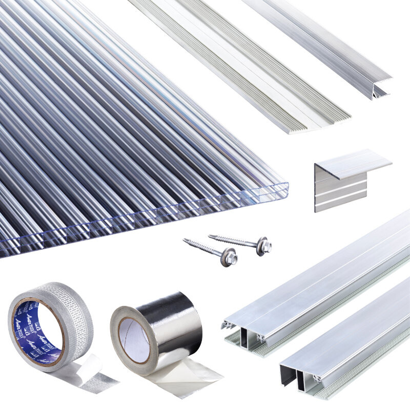 Polycarbonat Stegplatten | Terrassendach-Set | Polyclear Stegplatte | Kombinationsverlegeprofil | 16 mm | glasklar von T&J