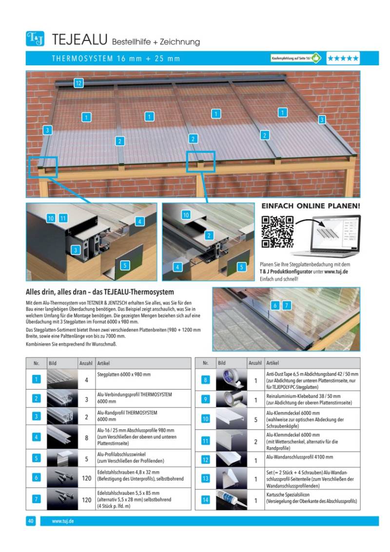 T&J Thermosystem Komplett 16 mmn2000 mm, Randprofil (4-teilig)ninkl.Dichtung + 2x Distanzleiste von T&J