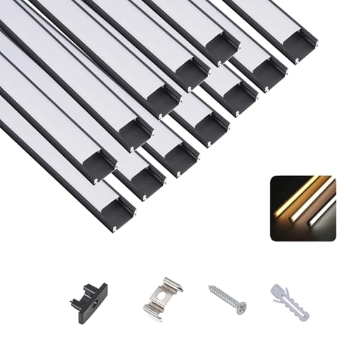 T&K LED Aluminium Profil 12 x 1M U-Form Schwarz mit Abdeckung Opal und Endkappen, Montageklammer, Eckprofil Eloxiert Für LED-Streifen und LED-Stripes von T&K