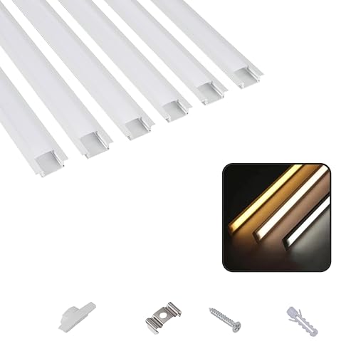 T&K LED Aluminium Profil 6 x 1M U-Form verdeckter Einbau Silber mit Abdeckung Opal, Endkappen und Montageklammer, Eckprofil Eloxiert Für LED-Streifen und LED-Stripes von T&K