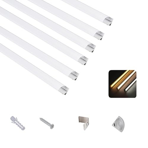 T&K LED Aluminium Profil 6 x 1M V-Form Silber mit Abdeckung Opal, Endkappen und Montageklammer, Eckprofil Eloxiert für LED-Streifen und LED-Bänder von T&K