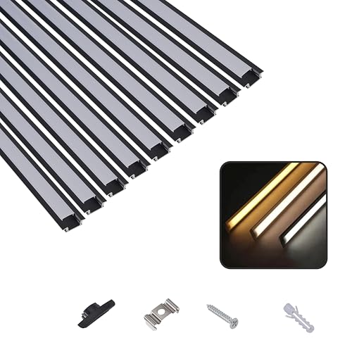 T&K LED Aluminium Profil 9 x 1M U-Form verdeckter Einbau Schwarz mit Abdeckung Opal, Endkappen und Montageklammer, Eckprofil Eloxiert Für LED-Streifen und LED-Stripes von T&K